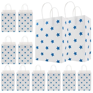 Set of 12 white paper gift bags with blue star patterns and durable rope handles
