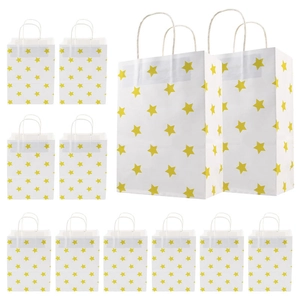 White paper gift bags with yellow star patterns in 12-piece set of two varied sizes
