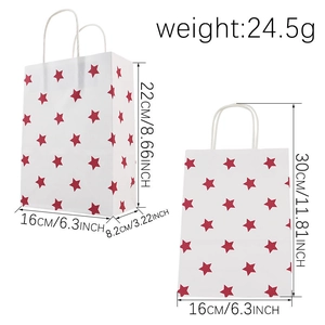 White paper gift bags with red stars showing dimensions 22x16x8.2cm and 24.5g weight