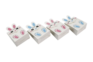 Détail des oreilles de lapin 3D et visages mignons sur boîtes à bonbons de Pâques