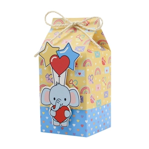 Detail of cartoon blue elephant gift box with paper balloon cards and jute rope bow tie