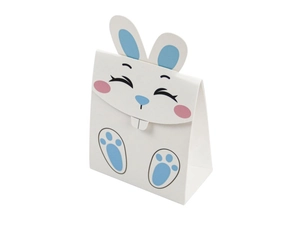 Détail des oreilles 3D d'un sac cadeau de Pâques en carton avec motif de lapin mignon