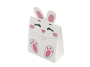 Détails des oreilles de lapin 3D et visage mignon sur sac cadeau de Pâques en papier blanc