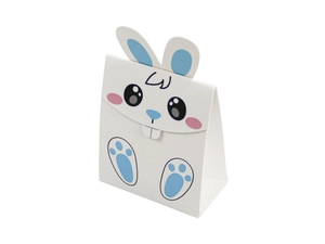 Détail d'une boîte cadeau lapin en papier blanc avec oreilles bleues pour bonbons Pâques