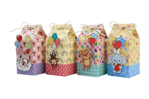 Set of four cartoon animal gift boxes with bunny, monkey, bear and elephant designs