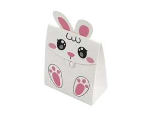 Détail de la boîte à bonbons lapin de Pâques blanc avec oreilles 3D et visage