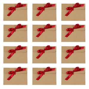 Bulk set of 12 kraft paper envelopes with elegant red satin bows for gift cards