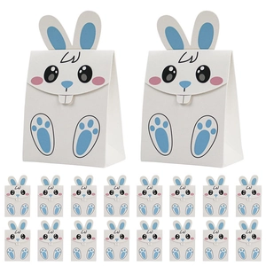 Lot de boîtes cadeaux lapin de Pâques blanches avec oreilles 3D bleues et motifs pattes