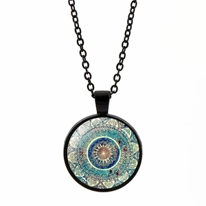 Retro Mandala glass pendant necklace with bohemian geometric art and black alloy chain