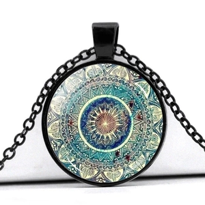 Mandala Flower Yoga Time Gem Pendant Necklace Zinc Alloy Glass Clavicle Chain Bohemian Vintage Ethnic Art Jewelry Gift
