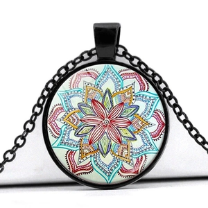 Mandala art pendant necklace with colorful yoga pattern and black chain on white background