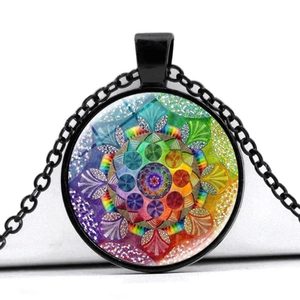 Bohemian mandala glass pendant necklace with colorful kaleidoscope pattern on black chain