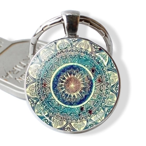 Vintage Yoga Mandala Glass Cabochon Keychain Artistic Geometric Flower Pattern Zinc Alloy Pendant Key Ring For Women Men Jewelry Gift