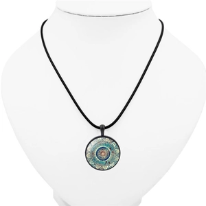 Mandala floral yoga pendant necklace with blue geometric pattern on black cord for women