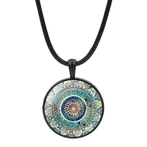 Mandala Flower Necklace Vintage Bohemian Glass Pendant Zinc Alloy Leather Rope Chain For Women Yoga Daily Party Jewelry Gift