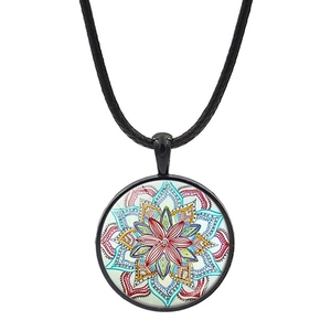 Mandala floral glass cabochon pendant necklace with black woven rope for women