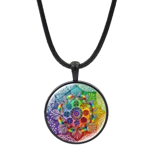 Colorful yoga mandala flower necklace with glass dome pendant on black cord strap