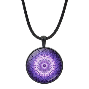 Detail shot of mandala time gem pendant necklace with purple patterns on black cord