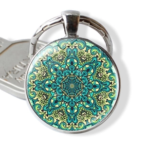Yoga Mandala keychain with silver alloy base and colorful glass cabochon pendant