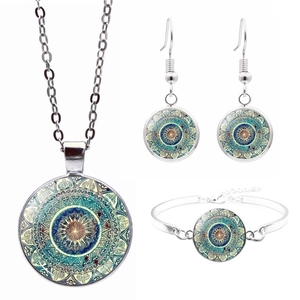 Collana Mandala Yoga Bracciale E Orecchini Bottone Lega Argentata Vetro Cabochon Gioielli per Donna Stile Boho Etnico
