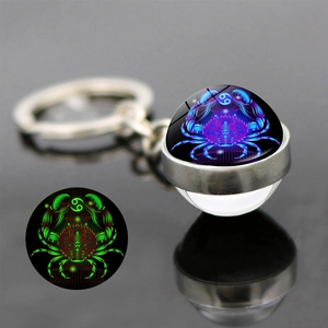 Luminous Cancer zodiac keychain with crystal ball and glowing neon galaxy pattern effect