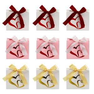 Romantic Gift Bags Paper Double Heart Cut-out Ribbon Bow Valentine's Day Wedding Party Favors Elegant Packaging