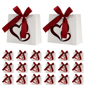 Pack of 20 white Valentine gift bags with hollow heart design and red silk ribbons