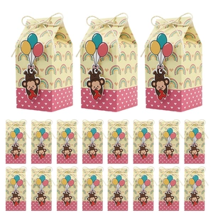 European party gift boxes featuring colorful balloons, monkeys and rainbow patterns