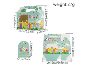 Boîte cadeau de Pâques avec étiquette poussin et fenêtre, détails des motifs et tailles