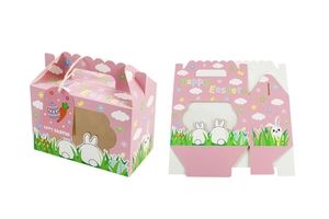 Vue à plat et en 3D de la boîte cadeau de Pâques rose avec fenêtre et étiquette