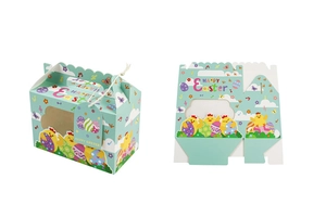 Modèle plat et boîte cadeau de Pâques avec étiquettes de poussin et motifs d'œufs