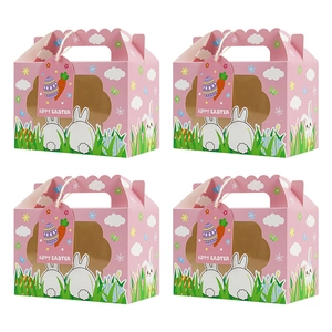 Boîtes cadeau de Pâques roses avec motif lapin, fenêtre et étiquettes de fête