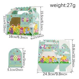 Boîte cadeau de Pâques en papier avec étiquette poussin et motifs d'œufs colorés