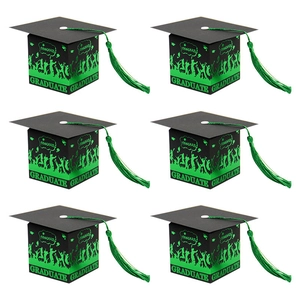 Pack de 6 cajas de regalo birrete de graduación negras con borlas verdes y letras
