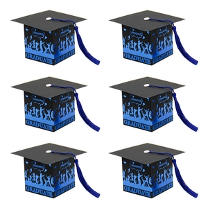 Juego de seis cajas de regalo de graduación negras con borlas azules y texto impreso