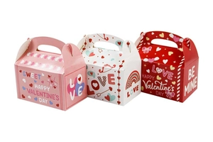 Detail of European style Valentine's Day paper gift boxes with handles and sweet patterns