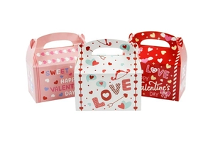 Detailed view of three European Valentine's gift boxes with heart patterns and handles