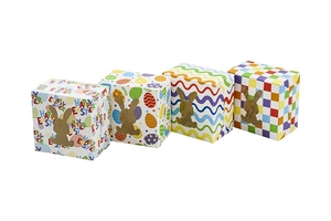 Set of 4 Easter paper gift boxes with bunny window cutouts and colorful patterns