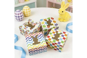 Detail of Easter candy boxes with rabbit silhouettes and colorful patterned designs