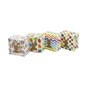 Set of four Easter gift boxes with bunny cut-out windows and colorful festive patterns