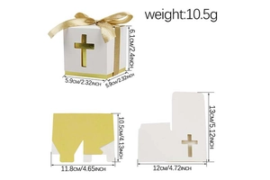 Flat lay showing white hollow cross gift box with gold liner and ribbon measurements