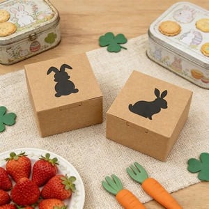 Vue détaillée des boîtes-cadeaux de Pâques en papier kraft brun avec silhouette de lapin