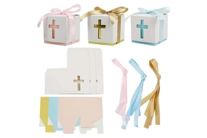 Flat lay of DIY hollow cross gift boxes with ribbons in pink, gold, and light blue colors