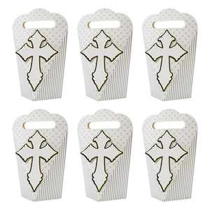 Set di 6 scatole regalo religiose bianche con croci dorate e manici per il battesimo