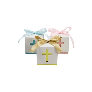 Hollow cross favor boxes with ribbons in blue, gold and pink for wedding parties