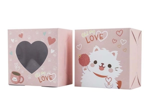 Caja de regalo rosa con ventana de corazón e ilustraciones de gatos para San Valentín