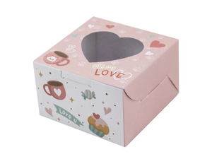 Caja rosa con ventana de corazón e ilustraciones de gatos para dulces y postres