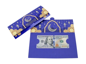 Detail of Eid Mubarak money envelope with gold mosque foil design and cash slot