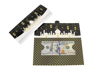 Detailed interior view of Ramadan Eid money envelope with gold mosque design and cash slot