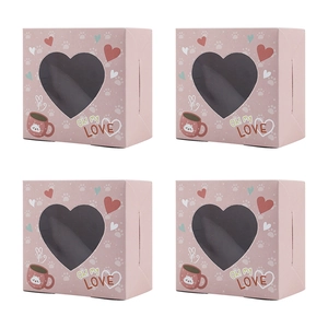 Caja de Regalo de San Valentín Rosa Con Ventana de Corazón Patrón de Gato de Dibujos Animados Papel Kraft Caja de Caramelos Para Postre Fiesta